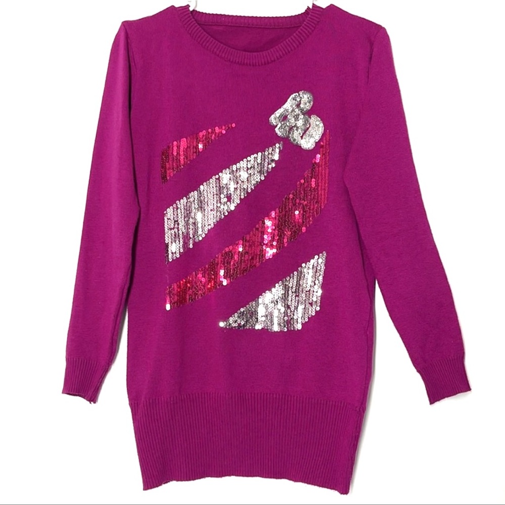 Longline jumper sequined sweater / Mini sweater dress - Magenta